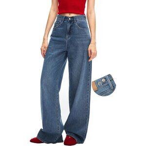 Women's Baggy Jeans Junior Fit High Rise Wide Leg Denims with Snap